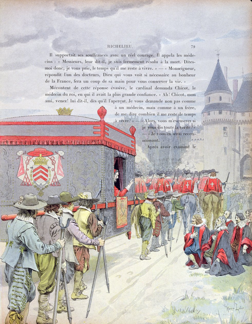 Armand-Jean du Plessis, Kardinal Richelieu (1585-1642) rejser i en kuld som gammel mand, illustration fra et liv af Richelieu af Theodore Camu, 1910 af Maurice Leloir