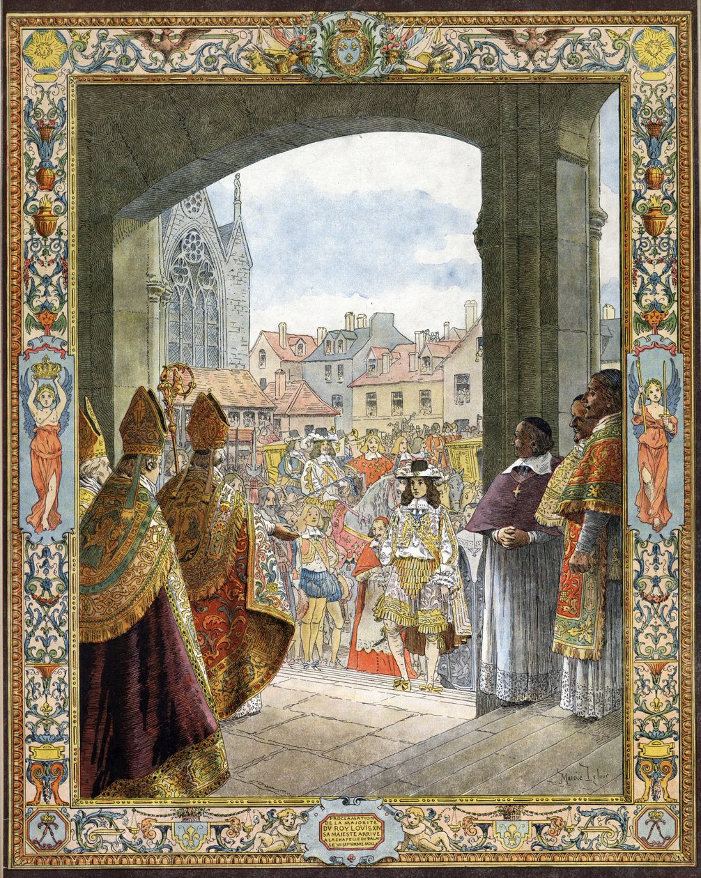 Ankom til Sainte-Chapelle (Sainte Chapelle) for proklamationen af hans flertal af kongen af Frankrig Ludvig XIV kendt som Le Roi-Soleil (kong Soleil eller Ludvig den Store af Maurice Leloir