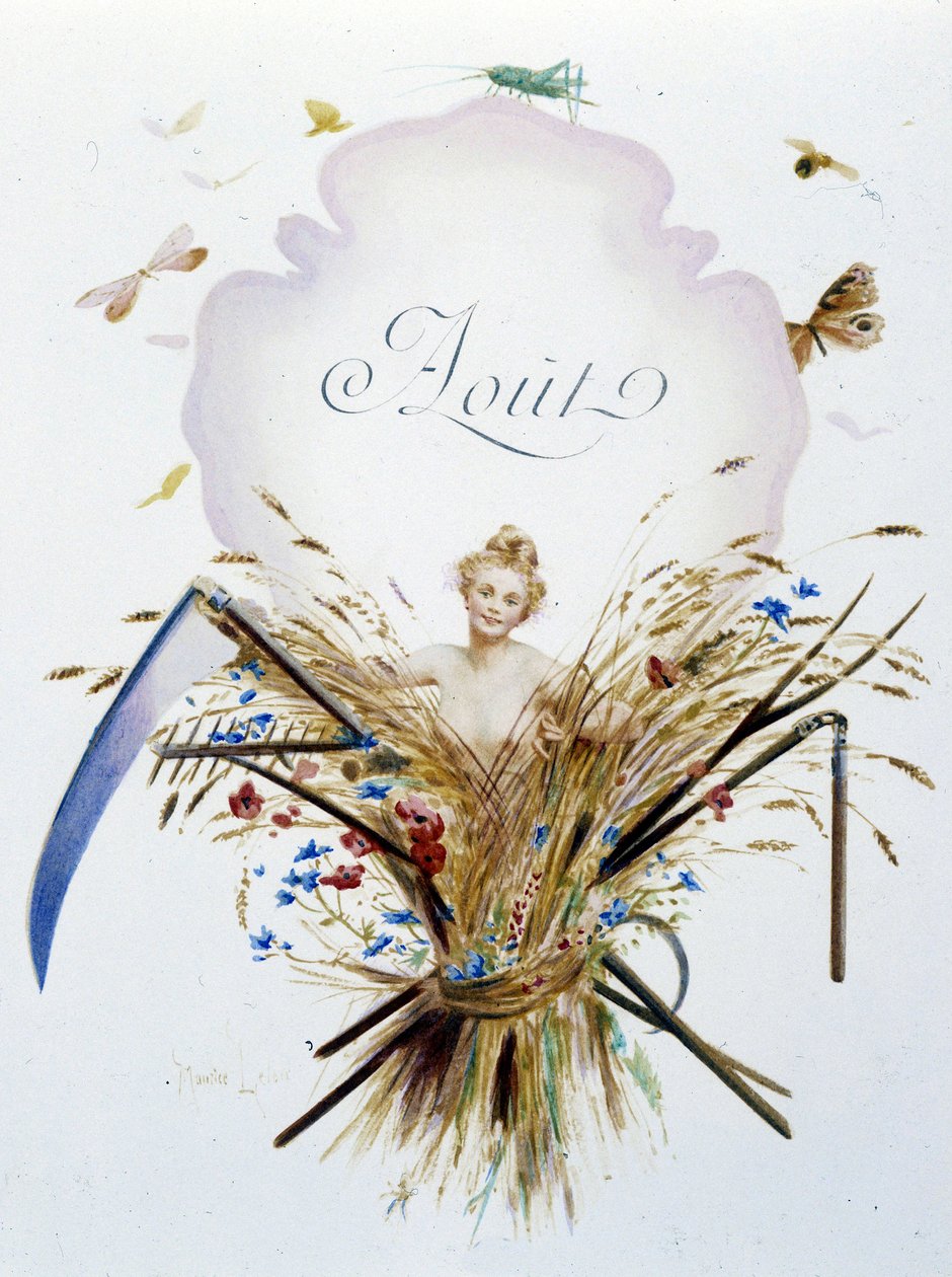 august ""Månedens sang"" af Jérôme Doucet, illustration - Maurice Leloir, red. Reims 1904. L. Michaud af Maurice Leloir