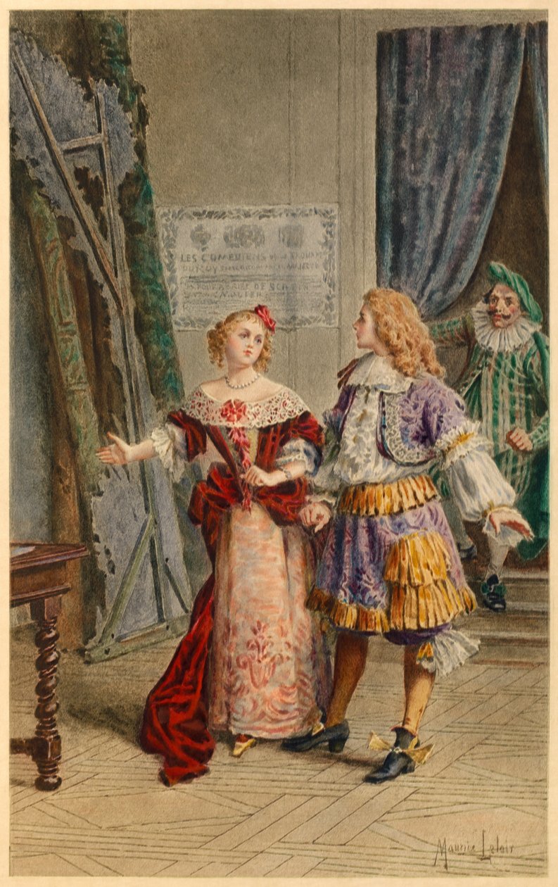 Backstage hos Scapin, Armande, Baron og Moliere (illustration) af Maurice Leloir