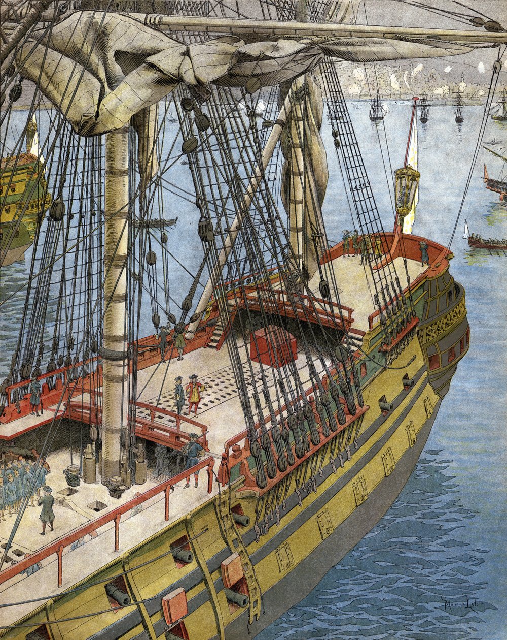 Bombardement og brand af byen Algier i 1682: Abraham Marquis Duquesne (mellem 1604 og 1610-88), en officer fra den franske flåde, ser fra sit skib effekten af bomberne galioter. Kromotypografi i "" Le Roy Soleil"" (Louis XIV) af Gu af Maurice Leloir