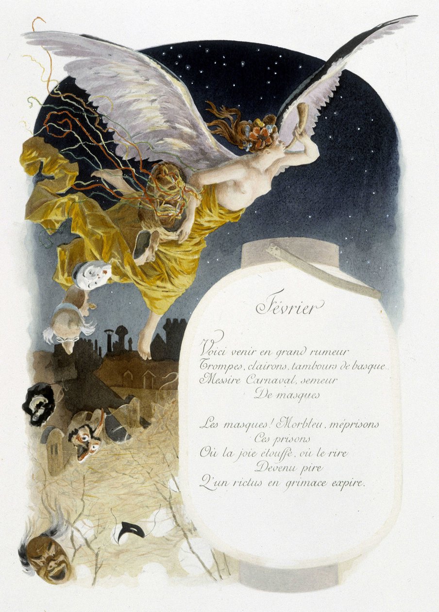 Februar "" Månedens sang"" af Jérôme Doucet, illustration - Maurice Leloir, red. Reims 1904. L. Michaud af Maurice Leloir