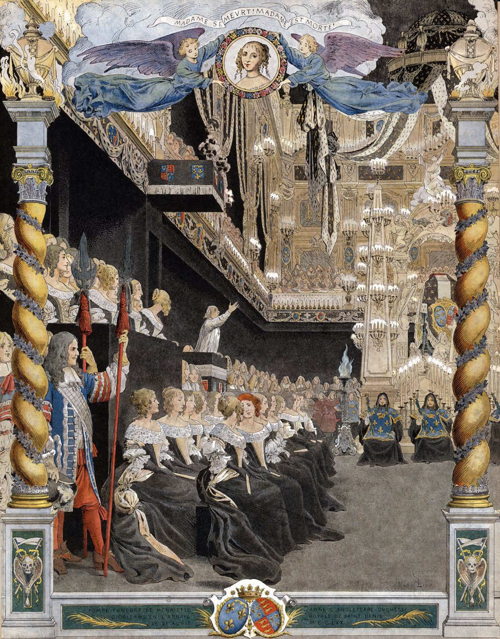 Begravelse af Henriette Anne (Henriette-Anne) af England (1644-1670), i basilikaen Saint Denis (Saint Denis) den 21. august af Maurice Leloir