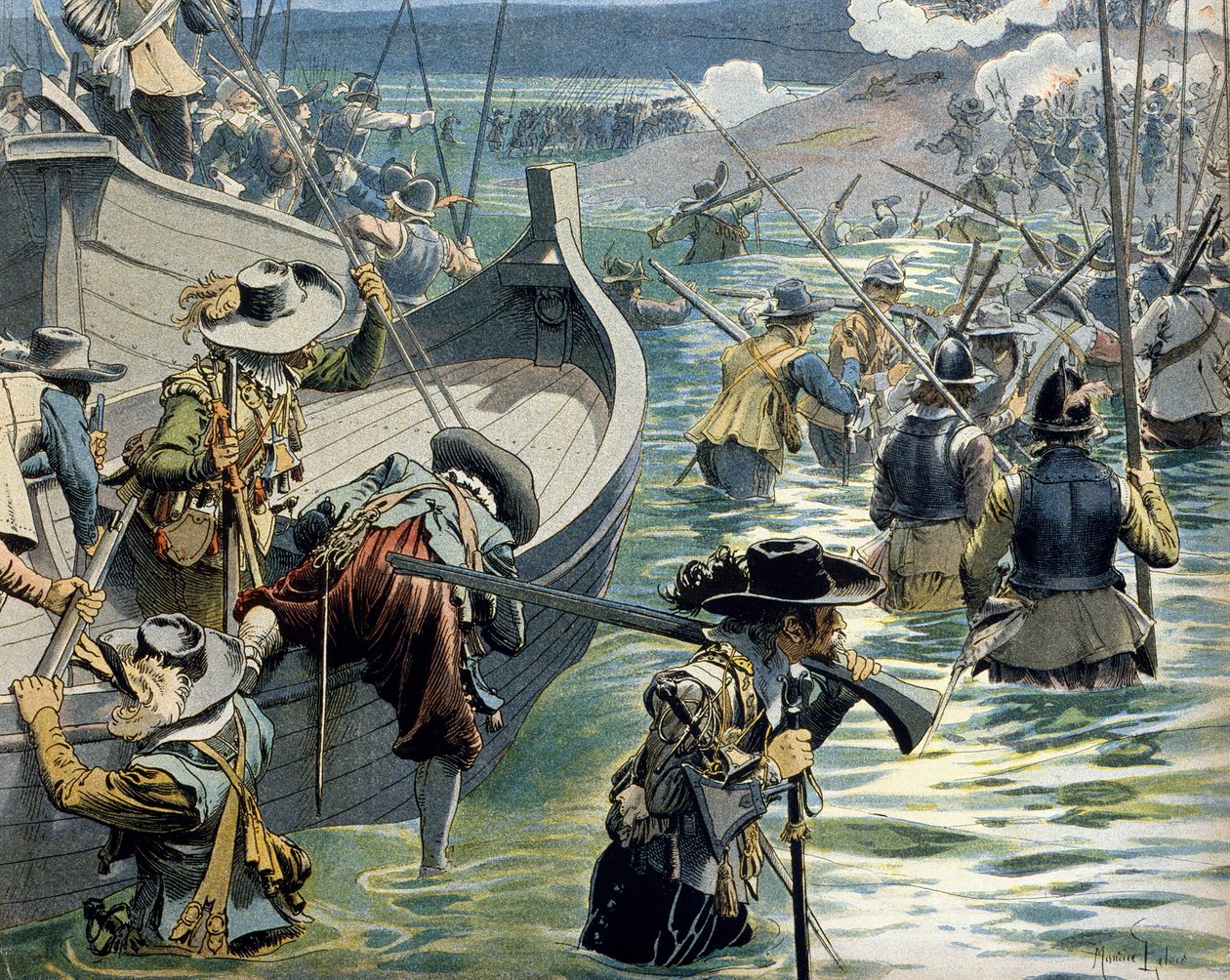 Frankrigs historie: Hjælp sendt til forsvarerne af øen Re af kardinal Richelieu (Armand Jean du Plessis af Maurice Leloir