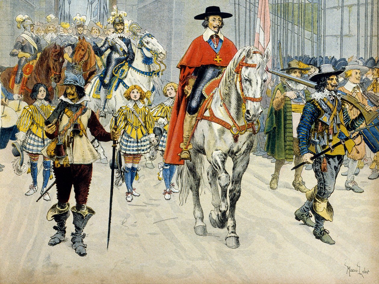 Frankrigs historie: Kong Ludvig XIIIs (1601-1643) og kardinal Richelieu (Armand Jean du Plessis) entrage af Maurice Leloir