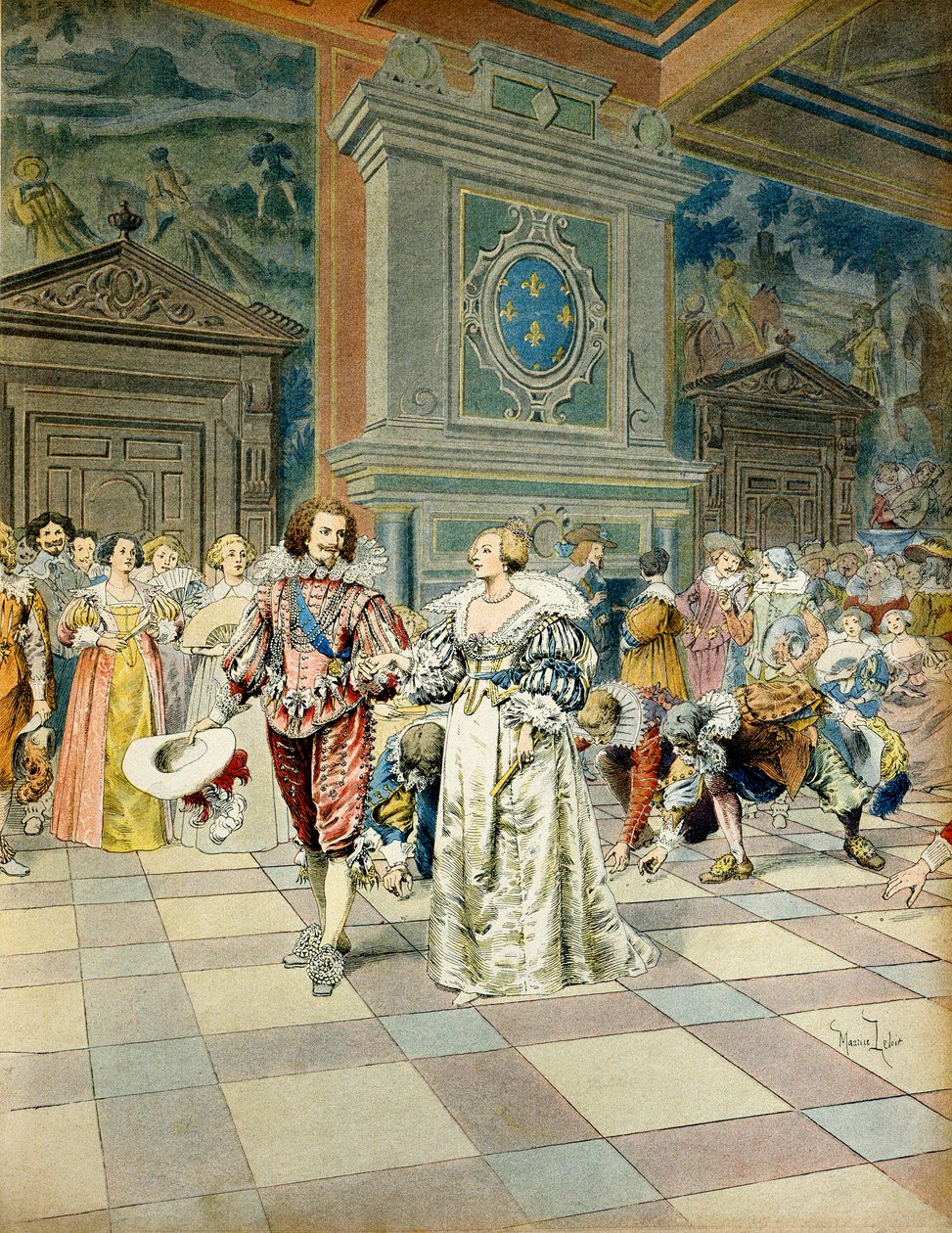 Frankrigs historie: George Villiers, hertug af Buckingham (1592-1628) ved hoffet i Frankrig, såede sine perler under hoffolkets fodspor. Illustration af Maurice Leloir (1853-1940) i "" Richelieu"" af Maurice Leloir