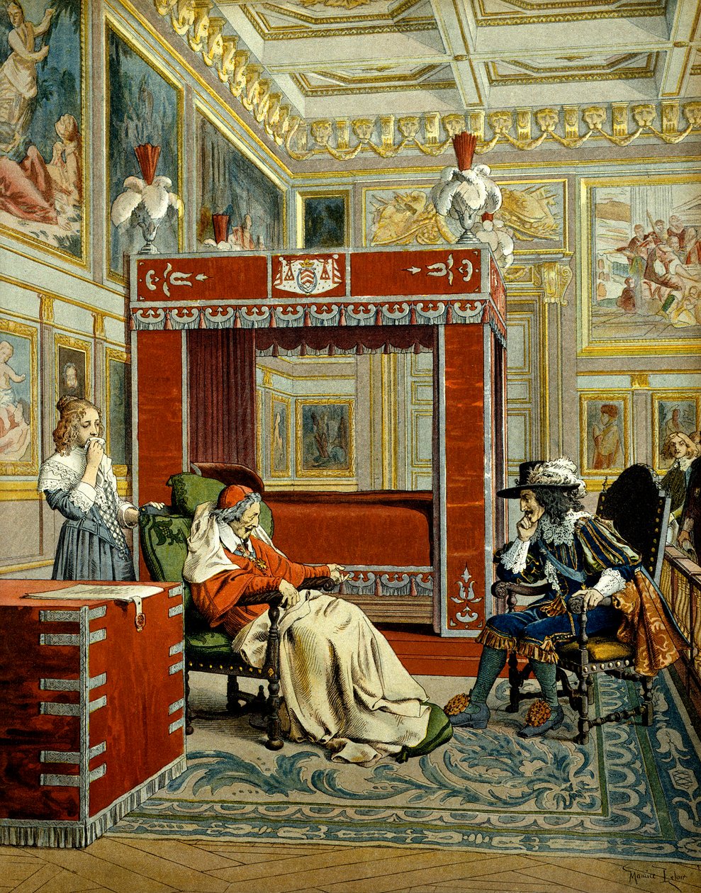 Frankrigs historie: Ludvig XIIIs sidste besøg hos kardinal Richelieu (Armand Jean du Plessis af Maurice Leloir