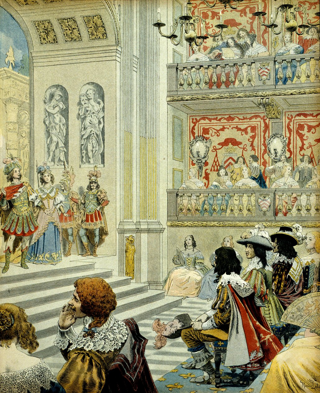 Frankrigs historie: Repræsentation i teatret i kardinalpaladset (nu kongeslottet) af værket "Mirame", en heroisk komedie skrevet i 1641 af kardinal Richelieu (Armand Jean du Plessis af Maurice Leloir