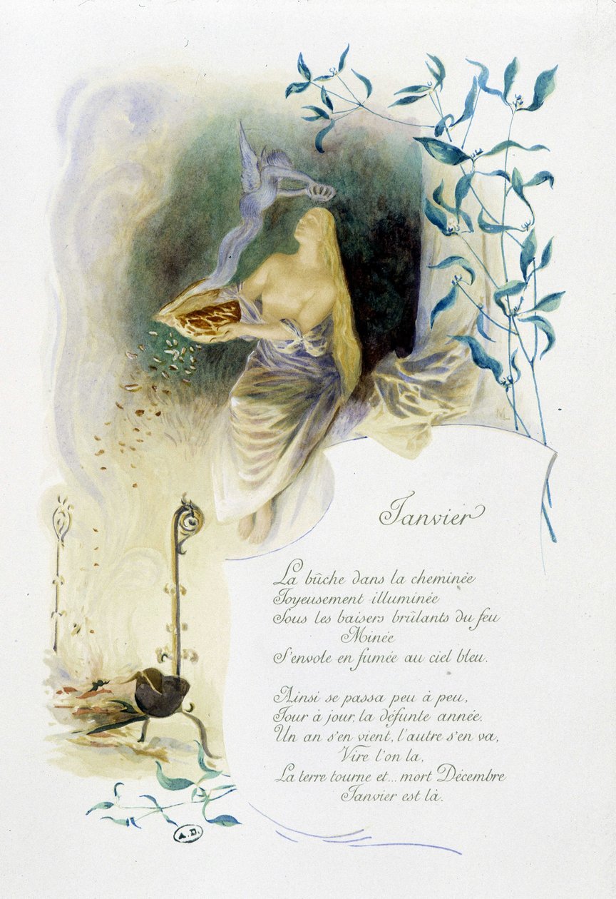 Januar "" Månedens sang"" af Jérôme Doucet, illustration - Maurice Leloir, red. Reims 1904. L. Michaud af Maurice Leloir