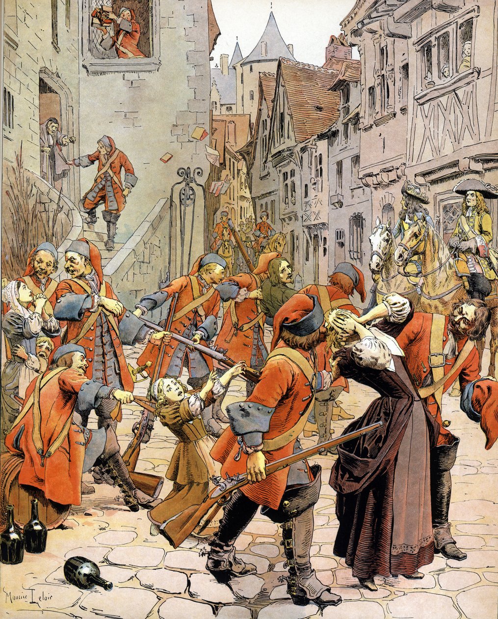 Les Dragonnades (1681-1685): spredning af en protestantisk familie af tropper af drager, der er anklaget for at omvende protestanter. Kromotypografi i "" Le Roy Soleil"" (Louis XIV) af Gustave Toutwelve, Illustration af Maurice Leloir (1853-1940) af Maurice Leloir