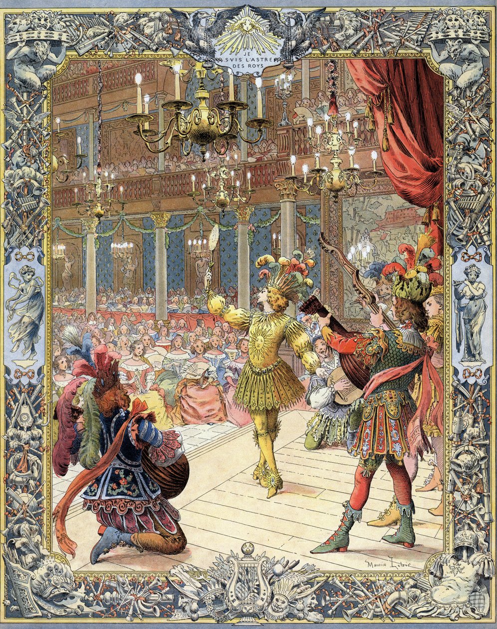 Ludvig XIV, deltager i "Ballet de la Nuit", libretto af Isaac de Benserade (1612-1691), i en solskinsdragt i den store sal i Lille-Bourbon (Petite Bourbon) i Paris, 23. februar af Maurice Leloir