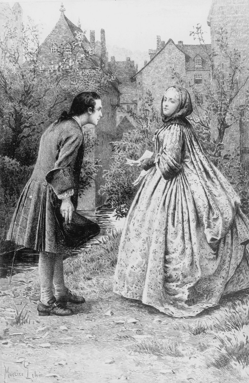 Møde mellem unge Jean-Jacques Rousseau og fremtidige nære veninde Madame de Warens, 21. marts 1728 (gravering) af Maurice Leloir