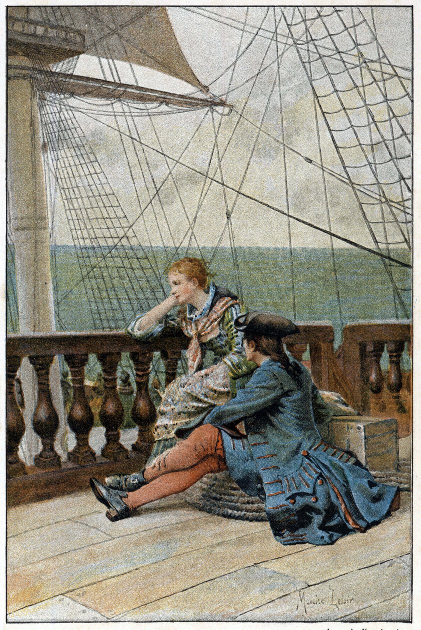 På indskibningen "History of Manon Lescaut and the Chevalier Des Grieux" af Abbe Prevost (1697-1763), fransk forfatter. Stik efter tegninger af Maurice Leloir (1885). af Maurice Leloir