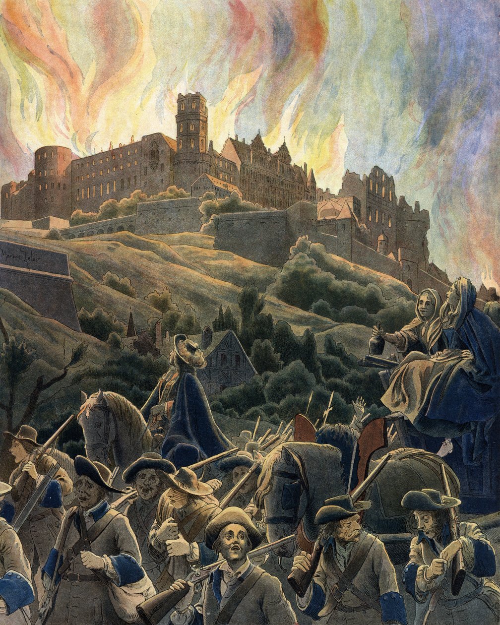 Ilden på slottet Heidelberg bombet af de franske styrker af general Ezechiel du Mas, greve af Melac (1630-1704) under krigen i Augsburgs Liga i 1689 og 1693. Kromotypografi i "" Le Roy Soleil"" (Louis) XIV) af Gustave Toutwelve, Illu af Maurice Leloir