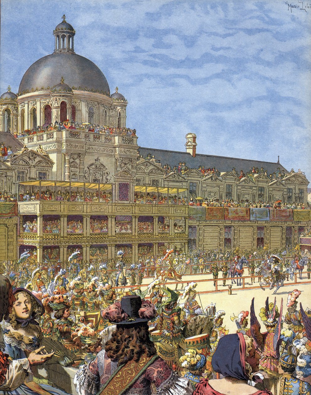 Den kongelige karrusel (ridderturnering), givet i 1662, foran Palais des Tuileries i Paris under Ludvig XIV kendt som Le Roi-Soleil (Kong Soleil eller Ludvig den Store af Maurice Leloir