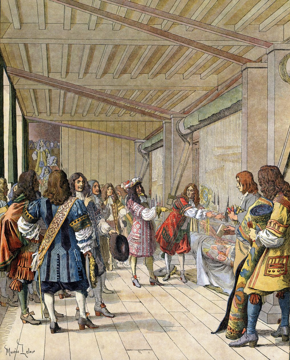 Maleren Charles Lebrun (Le Brun) (1619-1690), direktør for fremstillingen, forklarede Ludvig XIV, kendt som Le Roi-Soleil (Kong Soleil eller Ludvig den Store af Maurice Leloir