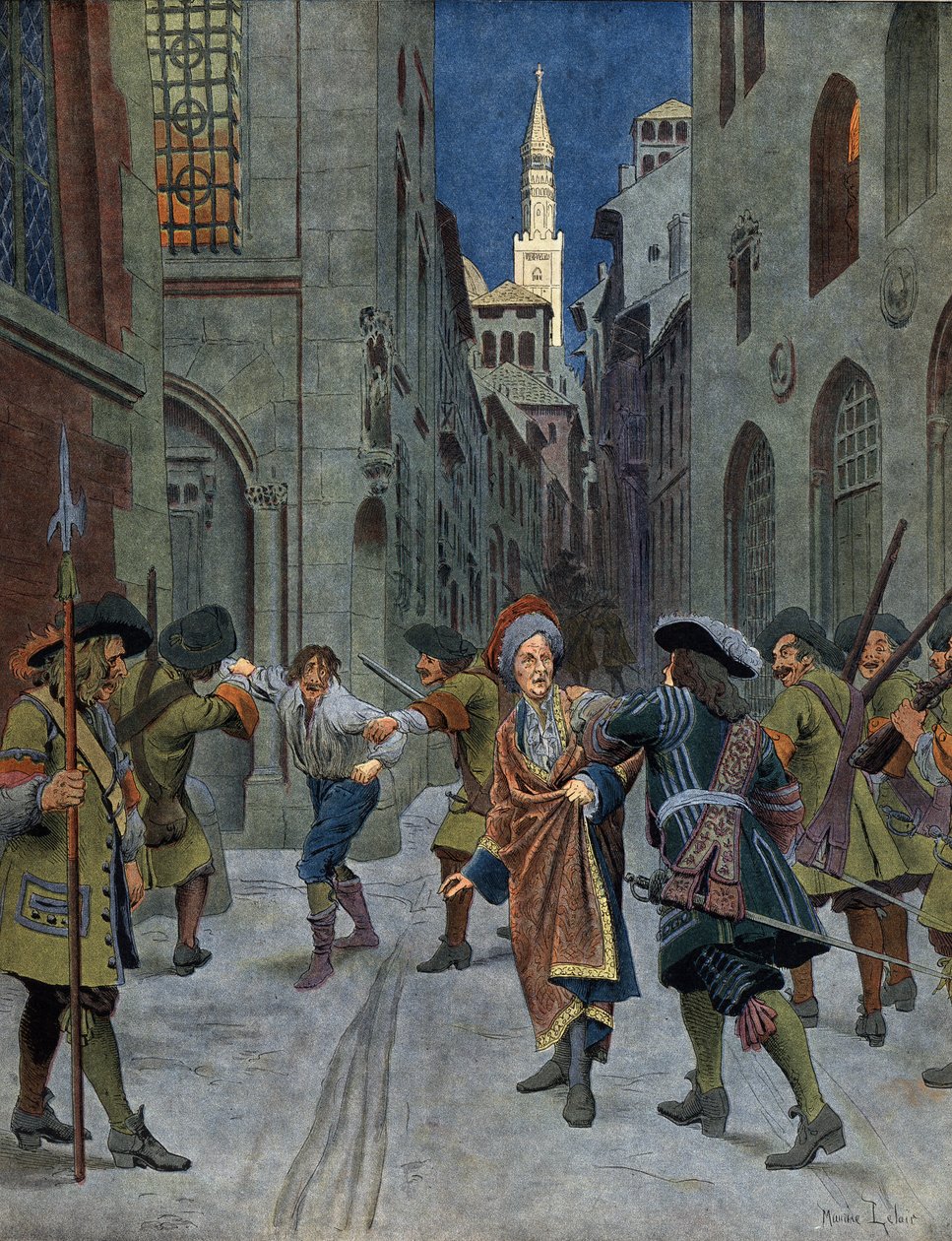 Den spanske arvefølgekrig: Tilfangetagelsen af Francois af Neufville de Villeroy (1644-1730) under erobringen af Cremone (Cremona) af tropperne af prins Eugene (Eugene Francois de Savoie (1663-1736), i 1702. Kromotypografi i "" Le Roy Soleil"" ( af Maurice Leloir