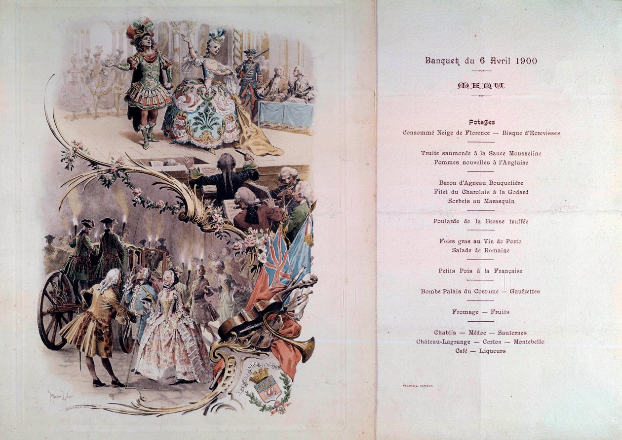 Bryllupsmenu med illustration af Maurice Leloir (1851-1940) af kugler i kostumer og galantescener, 6/04/1900 af Maurice Leloir
