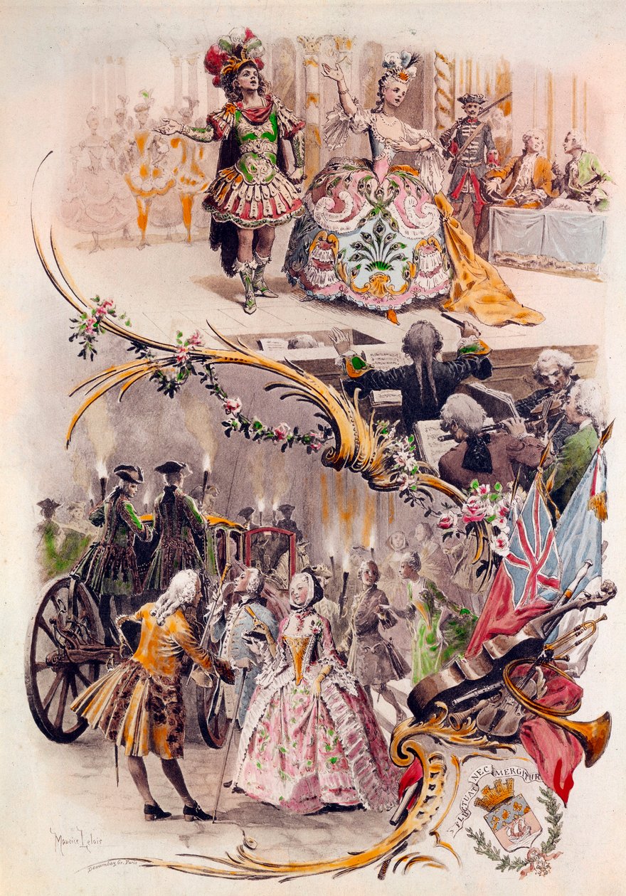 Bryllupsmenu med illustration af Maurice Leloir (1851-1940) af kugler i kostumer og galantescener, 6/04/1900 af Maurice Leloir