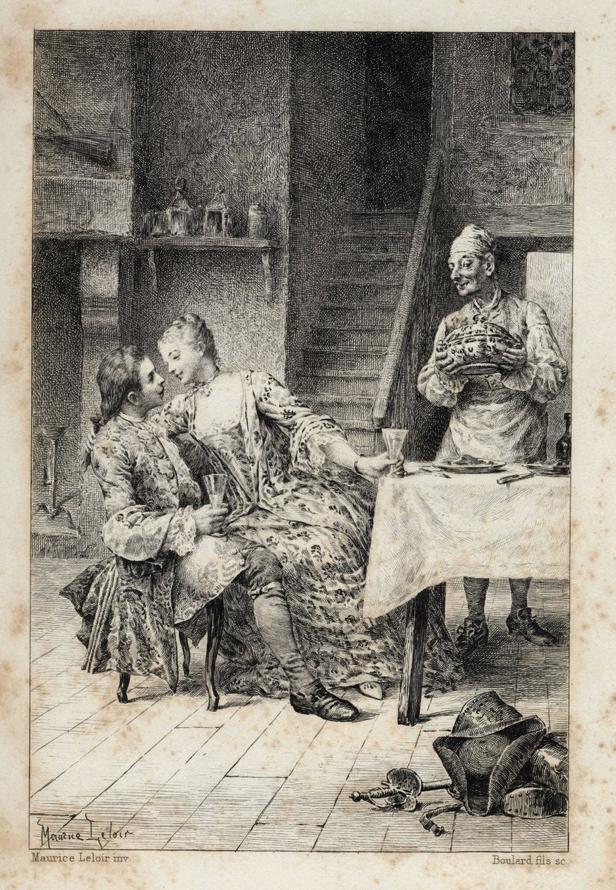 i "Historien om Manon Lescaut og Chevalier Des Grieux" af Abbe Prevost (1697-1763), fransk forfatter. Stik efter tegninger af Maurice Leloir (1885). af Maurice Leloir