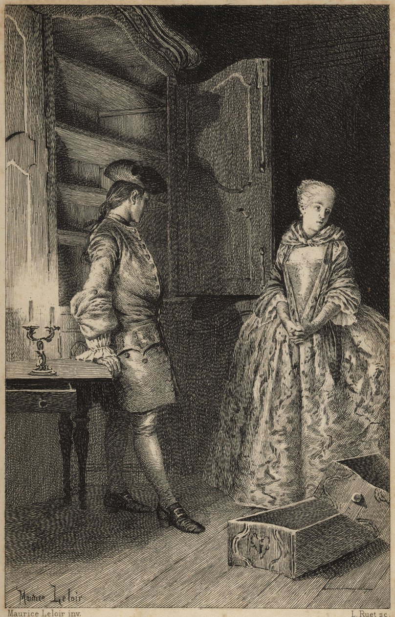 opdagelsen af ​​Vol - i "Historien om Manon Lescaut og Chevalier Des Grieux" af Abbe Prevost (1697-1763), fransk forfatter. Stik efter tegninger af Maurice Leloir (1885). af Maurice Leloir