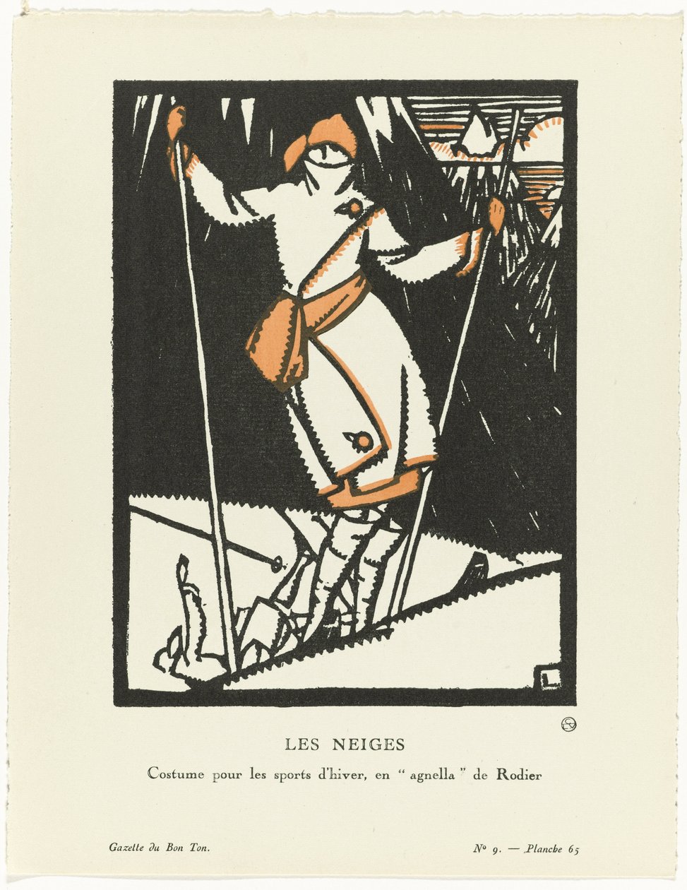 Gazette du Bon Ton, 1920 - nr. 9, Pl. 65: Les Neiges / Kostume til vintersport, enagnella af Rodier af Maurice Leroy
