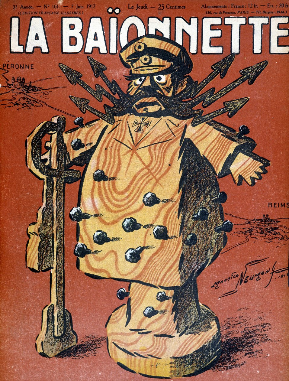 Tegneserie af Hindenburg (1847 - 1934), tysk marechal og statsmand. Illustration af forsiden af avisen "" La Baionnette"" fra juni 1917. af Maurice Louis Henri Neumont