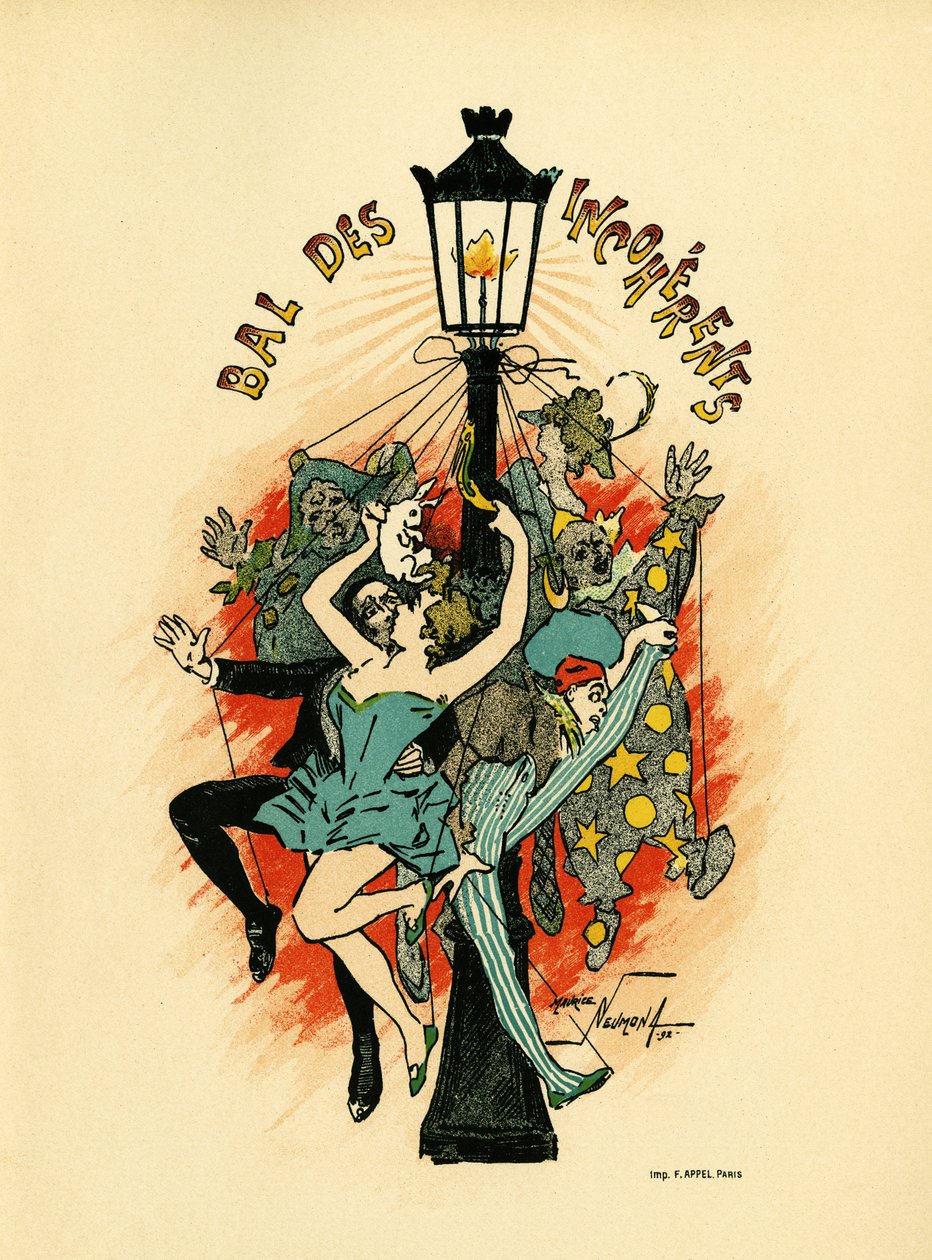 Plakat pour le bal des incoherents, bal organiseret mellem 1885 og 1896 i Paris som en del af den kunstneriske bevægelse lanceret af Jules Levy i 1882, les arts incoherents, Illustration en lithographie de Maurice Neumont (1868-1930), i Les Programs illust af Maurice Louis Henri Neumont