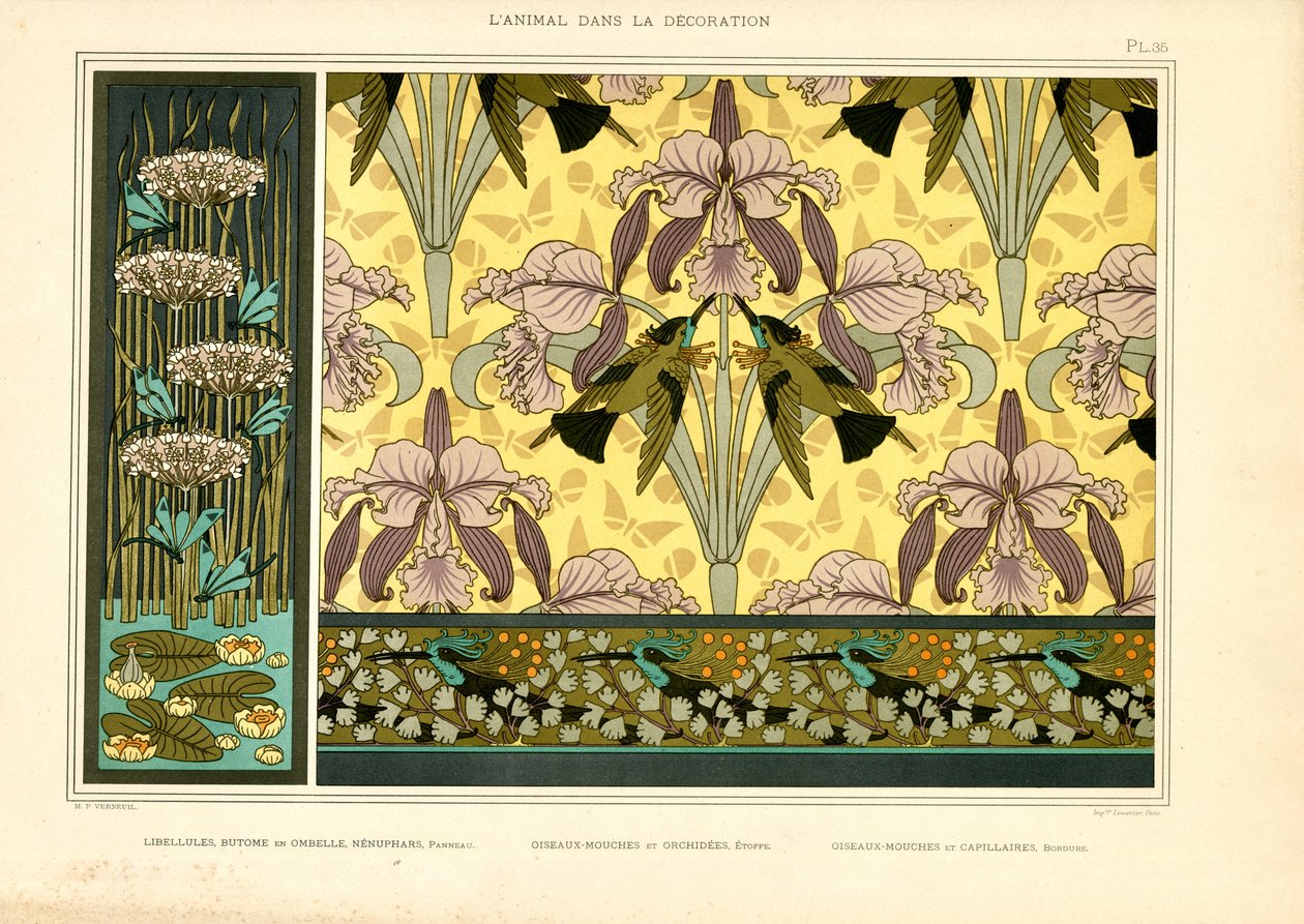 Art Nouveau-mønstre med guldsmede, orkideer og kolibrier (litografi) af Maurice Pillard Verneuil