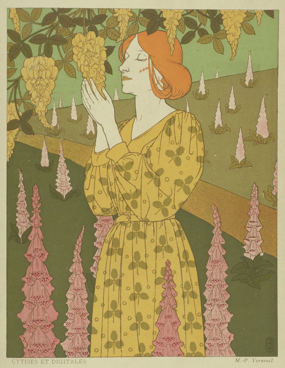 Cytises and Digitales - Kvinde med Wisteria og Foxgloves (farve litho) af Maurice Pillard Verneuil