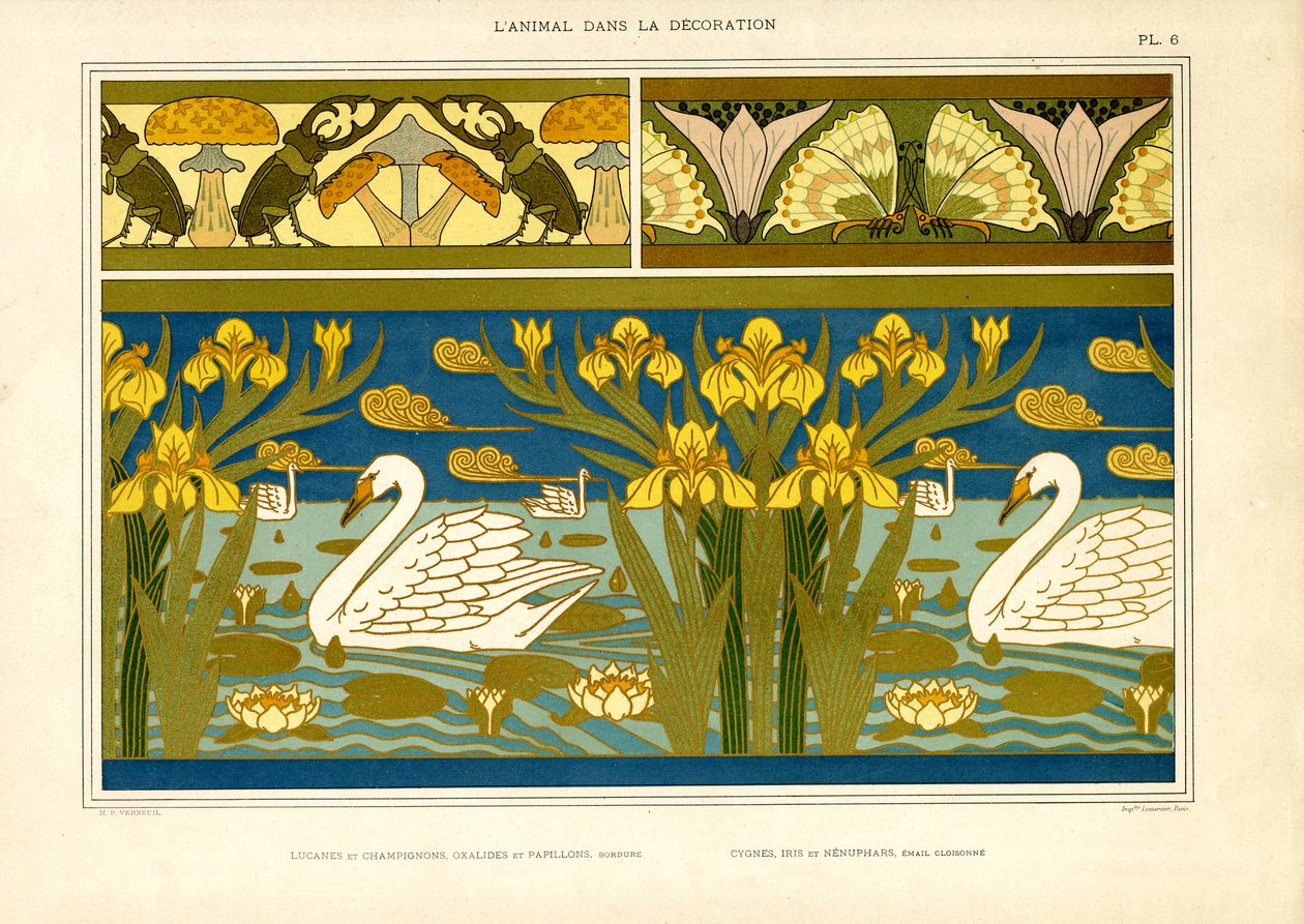 Dekorative borter med svaner, insekter og iris (litografi) af Maurice Pillard Verneuil
