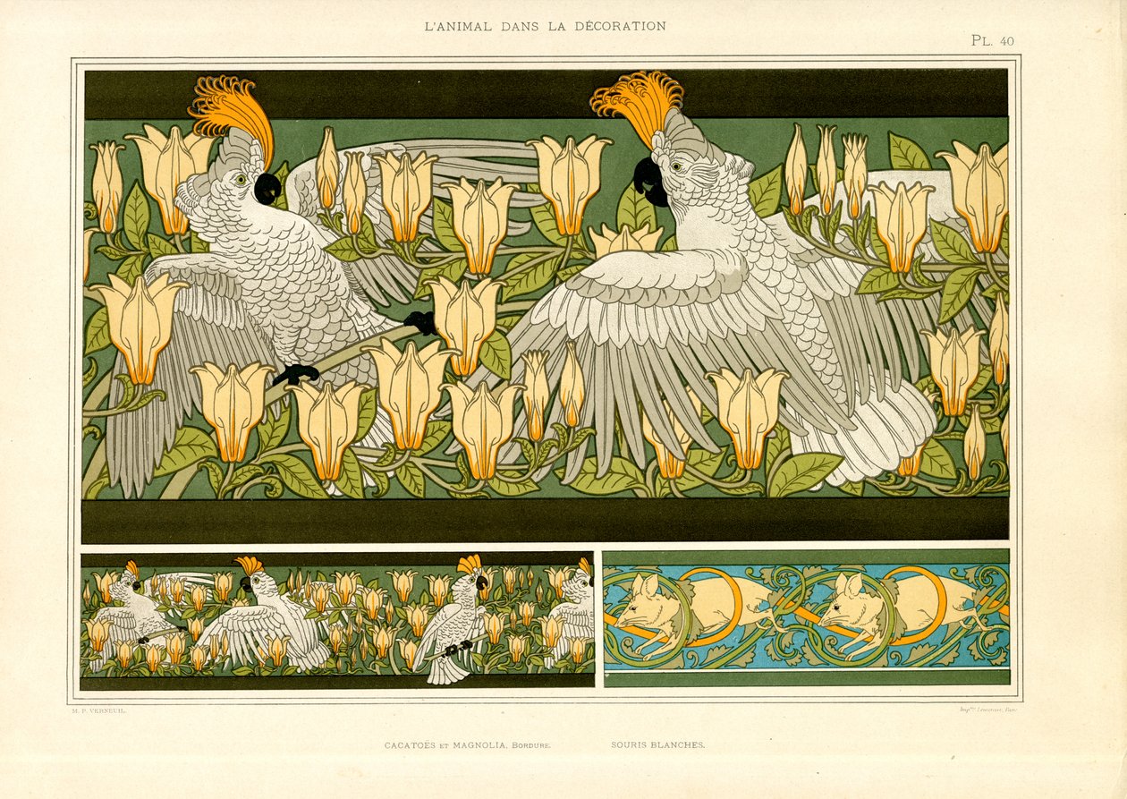 Dekorative friser med kakaduer, magnolier og mus (litografi) af Maurice Pillard Verneuil