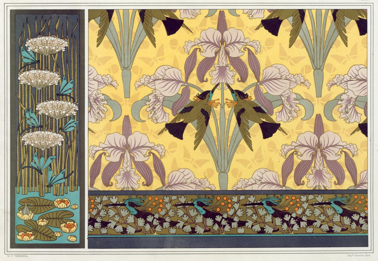 Design til tapetkant, stof og panel: Dragonflies, Waterlillies and Flowering Rush, pub. af Maurice Pillard Verneuil