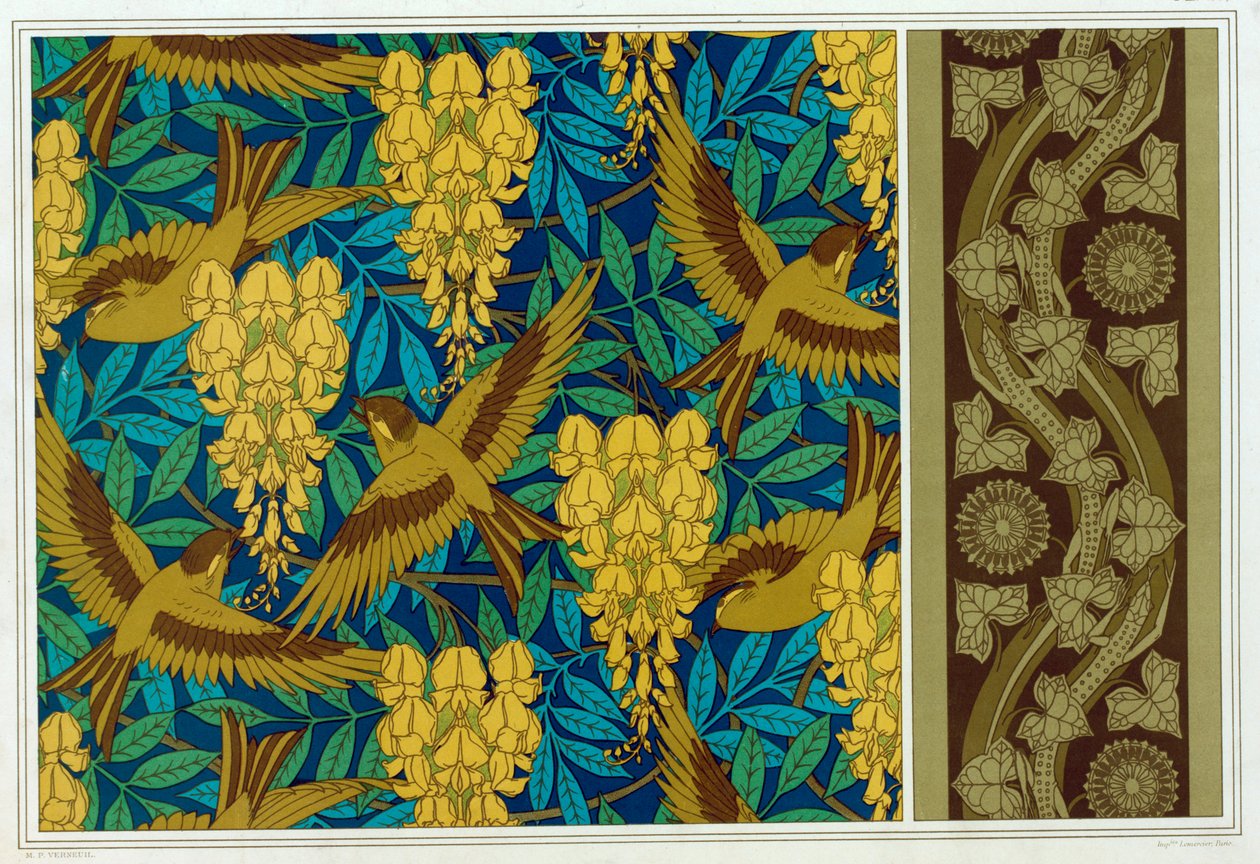 Designs til Fugle og Wisteria Hænge- og tapetkant med firben og vedbend, pub. 1897. af Maurice Pillard Verneuil