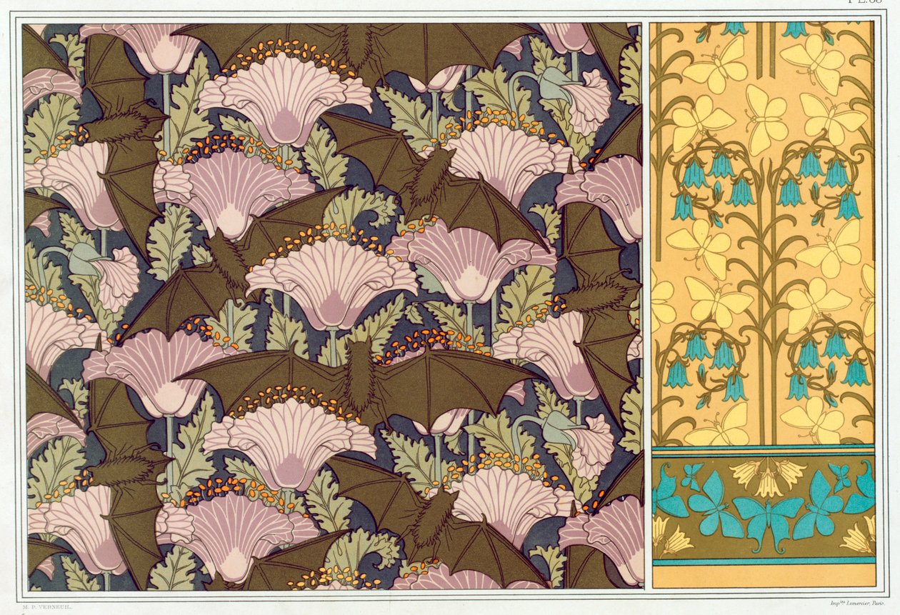 Designs til et vægophæng med flagermus og valmuer, pub. 1897. af Maurice Pillard Verneuil