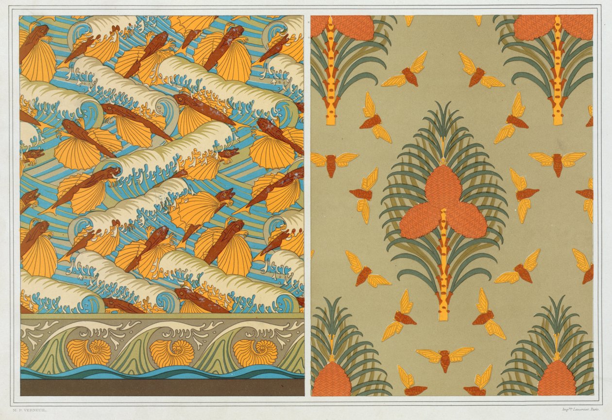 Design til tapet Flying Fish and Waves, pub. 1897. af Maurice Pillard Verneuil
