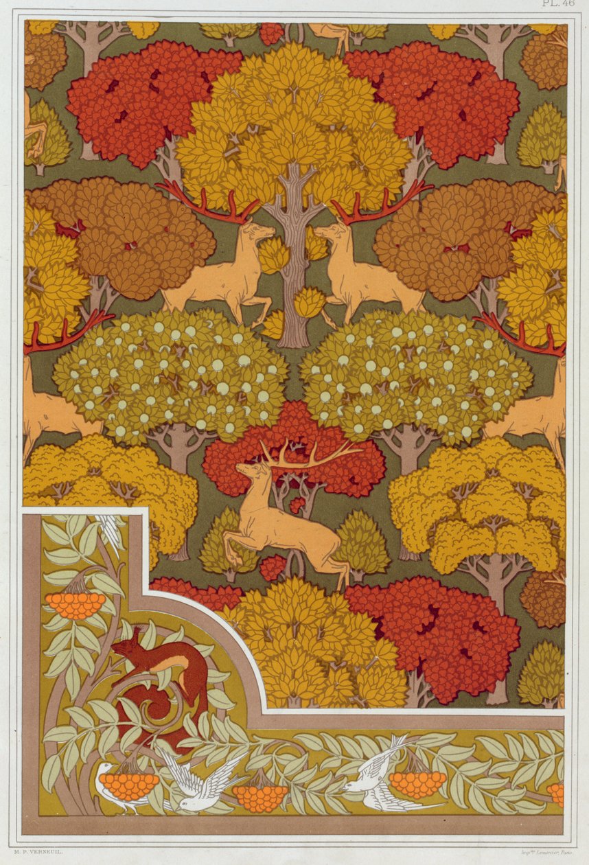 Designs til tapet og tapet border Deer in the Trees, pub. 1897. af Maurice Pillard Verneuil