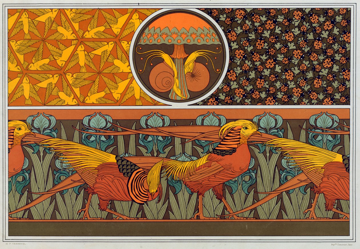 Designs til tapetkant og stof: Fugle, Mariehøns og Maiden Hair Fern, pub. 1897. af Maurice Pillard Verneuil
