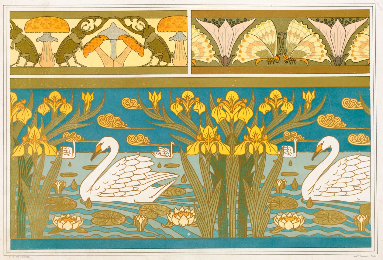 Designs til tapetkant med Hjortebiller og Svampe, pub. 1897. af Maurice Pillard Verneuil