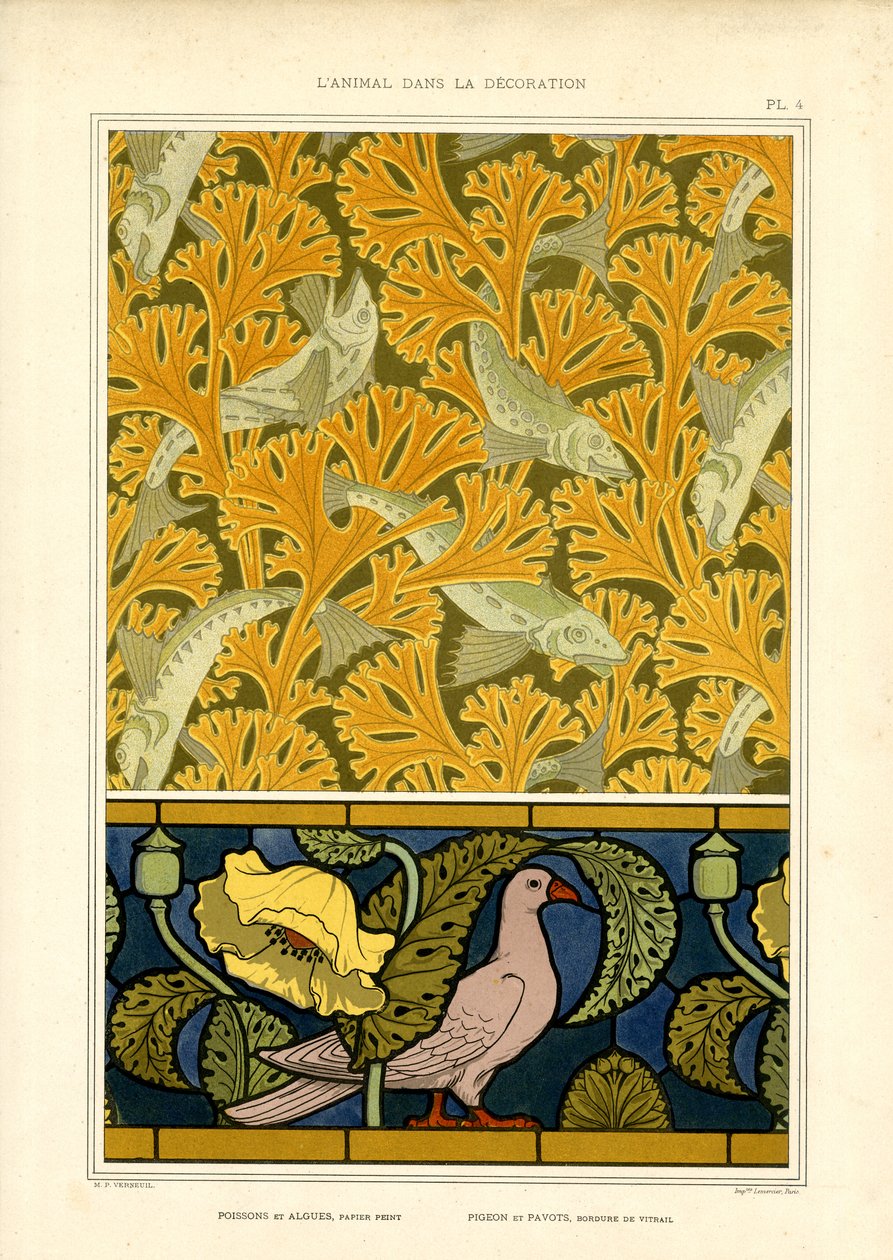 Fiske- og duemotiver i ornamental naturkondensation (litografi) af Maurice Pillard Verneuil