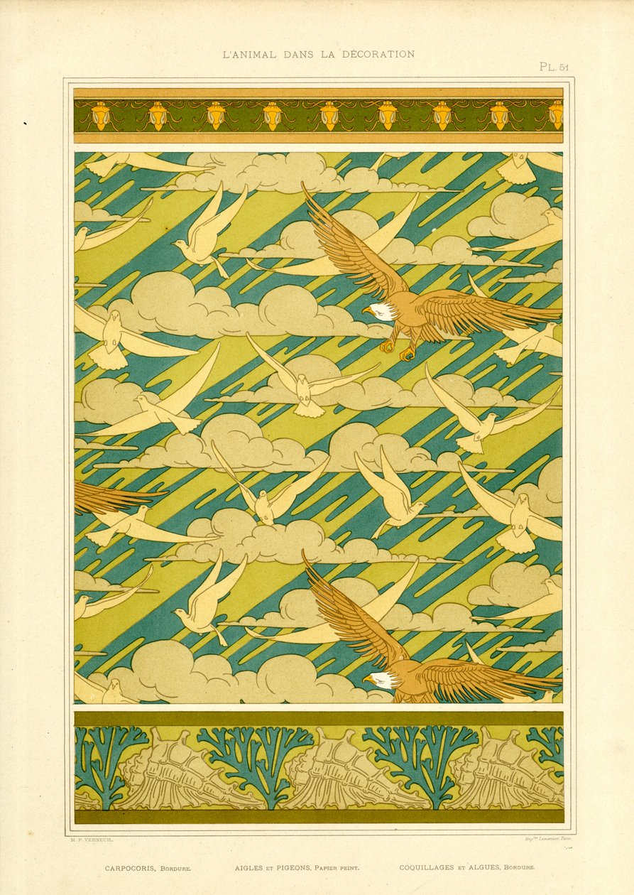 Ornamental komposition med ørne og duer (litografi) af Maurice Pillard Verneuil