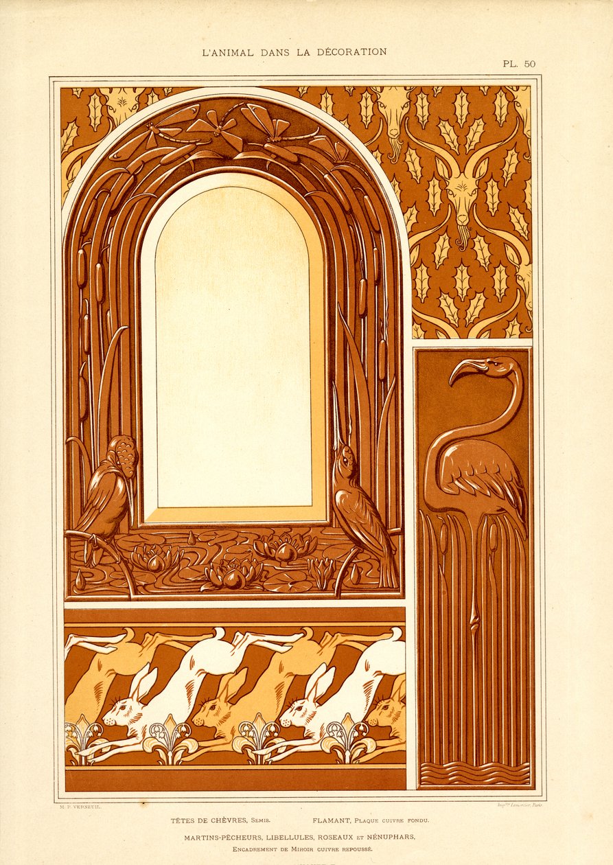 Ornamentalt rammedesign med vandfugle og harer (litografi) af Maurice Pillard Verneuil