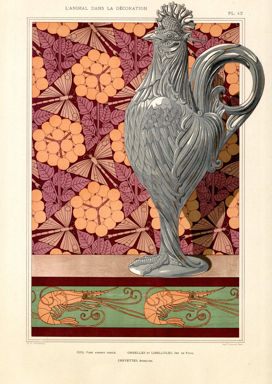 Haneformet vase med skærmblomster og rejemønster (litografi) af Maurice Pillard Verneuil