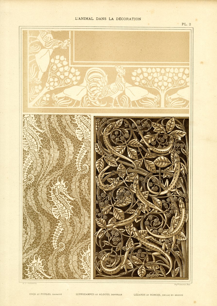 Tredelt dyreornamentik med hane, søheste og firben (litografi) af Maurice Pillard Verneuil