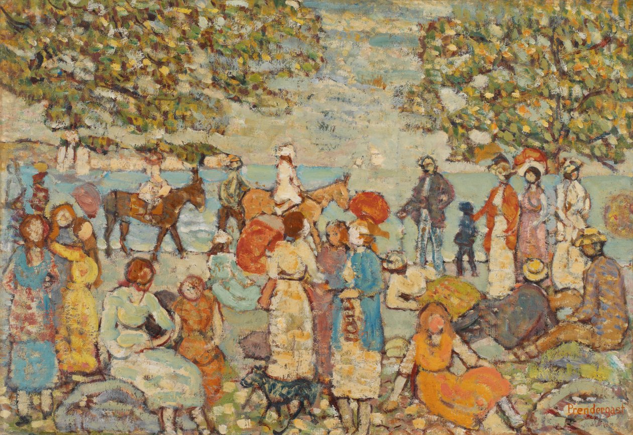 Strandscene med æsler (eller muldyr) af Maurice Prendergast