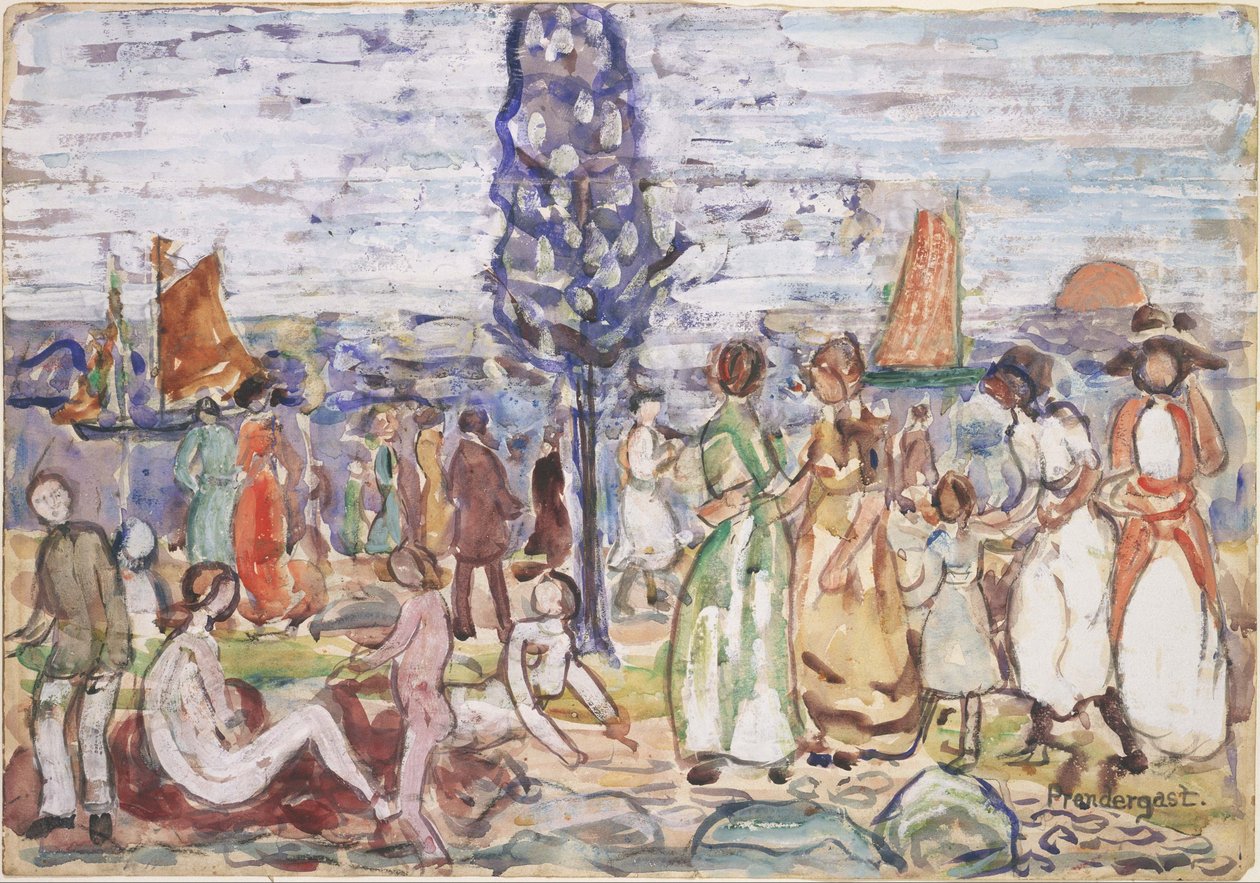 Strand med blåt træ af Maurice Prendergast