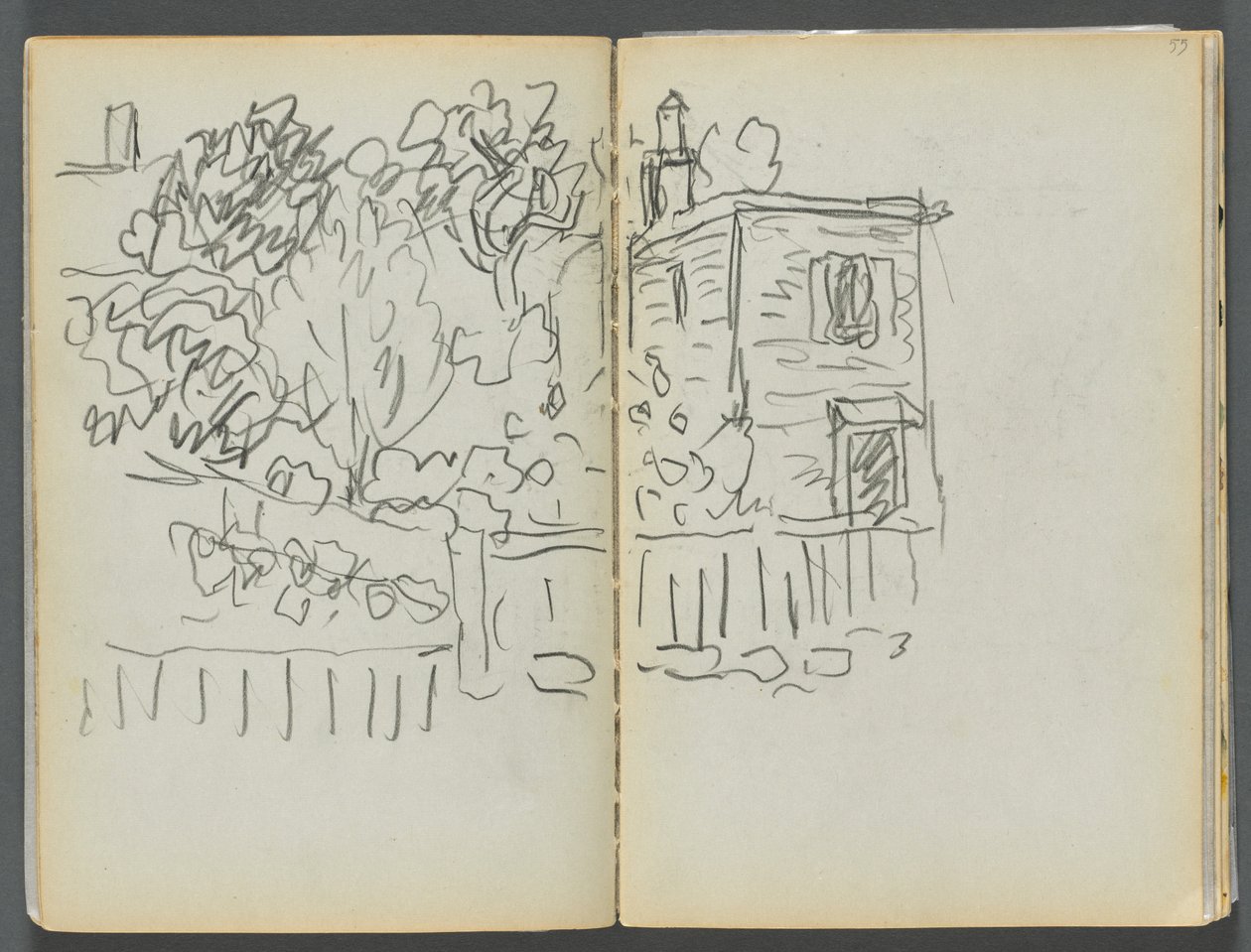 Skitsebog - The Granite Shore Hotel, Rockport, side 054  55: Hus og indhegnet have af Maurice Prendergast