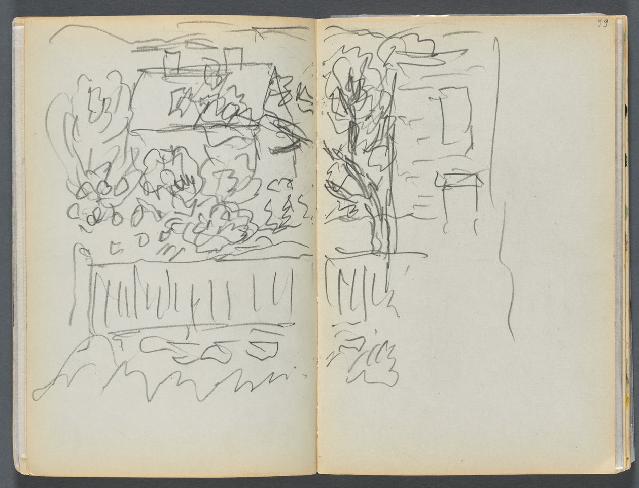 Skitsebog - The Granite Shore Hotel, Rockport, side 058  59: Hus og indhegnet have af Maurice Prendergast