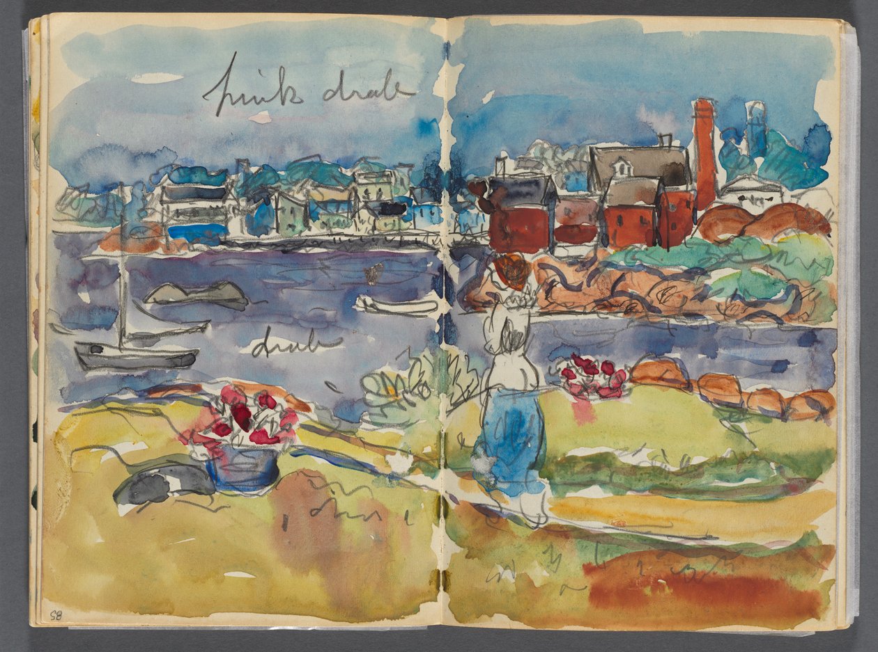 Skitsebog - The Granite Shore Hotel, Rockport, side 084  85: Havneudsigt med farvenotationer af Maurice Prendergast