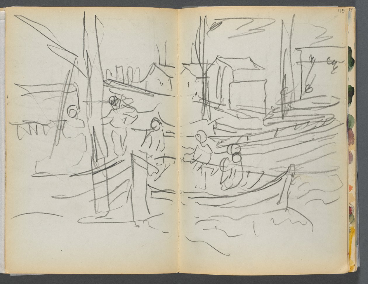 Skitsebog - The Granite Shore Hotel, Rockport, side 114 115: Figurer på en sejlbåd af Maurice Prendergast